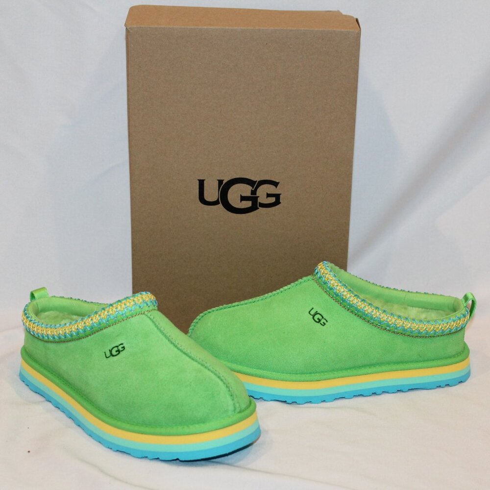 UGG YOUTH 4 WOMEN'S 6 TAZZ SUEDE SHEARLING LINED SLIPPERS GREEN BLUE - Picture 2 of 9